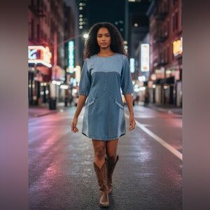 ASOS DENIM DRESS TWO-TONED LIGHT BLUE WASH SHIFT WESTERN MINI CASUAL SIZE 4